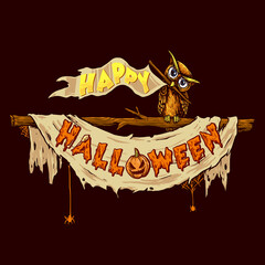owl with old flag and ribbon banner for celebrate halloween suitable for halloween party poster