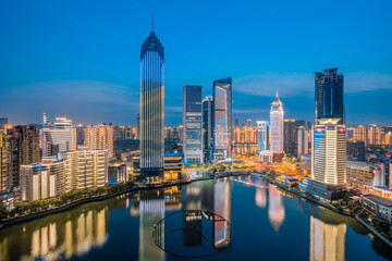 Night view of CBD buildings in Northwest Lake, Hankou, Wuhan, Hubei, China