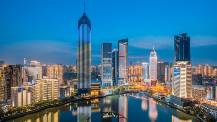 Fototapeta premium Night view of CBD buildings in Northwest Lake, Hankou, Wuhan, Hubei, China