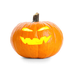 Carved Halloween pumpkin on white background