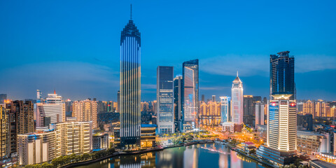Night view of CBD buildings in Northwest Lake, Hankou, Wuhan, Hubei, China © Govan
