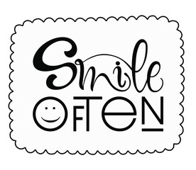 Smile often text. Motivational quote, handwritten calligraphy text for inspirational posters, cards and social media content. phrase isolated.	