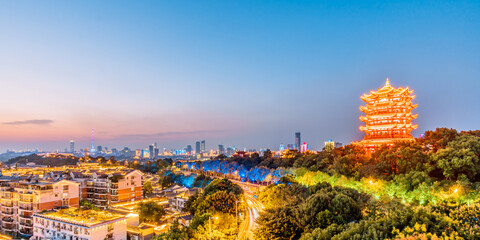 High angle scenery night view of Yellow Crane Tower in Wuhan, Hubei, China