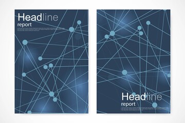 Scientific brochure design template. Vector flyer layout, Molecular structure with connected lines and dots. Scientific pattern atom DNA with elements for magazine, leaflet, cover, poster design.