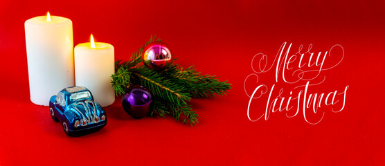 Obraz na płótnie Canvas Christmas card, banner, flatlay with text - Merry Christmas on a red background