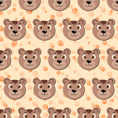 Seamless pattern with cute bear face on beige polka dots background. Vector flat animals colorful illustration for kids. Adorable cartoon character. Design for card, poster, fabric, textile.