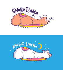 The magic llamas are sleeping. Cartoonish alpaca