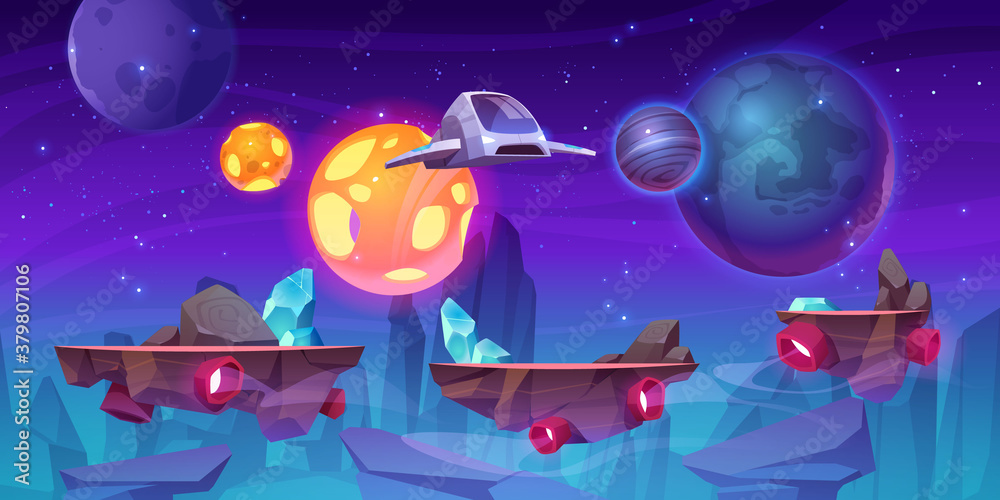 Poster space game level background with platforms. vector cartoon illustration of universe with alien plane