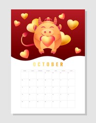 Calendar 2021 A4 format on October, month planner. Cute wealth bull, cheerful ox with traditional Red Chinese hat hold heart. Lunar symbol year. Funny cow, mascot of 2021. Vector stock illustration.