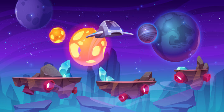 Space game level background with platforms. Vector cartoon illustration of universe with alien planets, stars and spaceship for gui interface of arcade, computer animation, mobile or console game