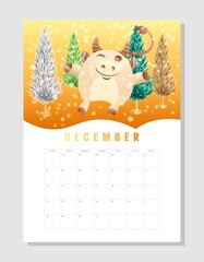 Calendar 2021 A4 format on December, month planner. Cute wealth bull, cheerful ox with colorful christmas tree and lights. Lunar symbol year. Funny cow, mascot of 2021. Vector stock illustration.