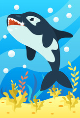 Cute smiling animals and underwater world. Cute killer whale smiles and shows teeth. Undersea world animals, algae and water bubble cartoon vector