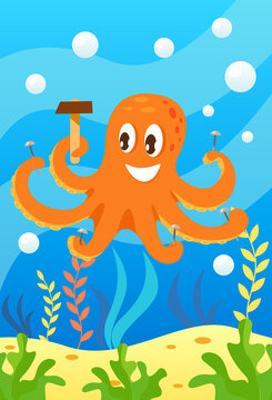 Cute smiling animals and underwater world. Cute octopus holds hammer and many nails in each of its tentacles. Undersea world animals, algae and water bubble cartoon vector