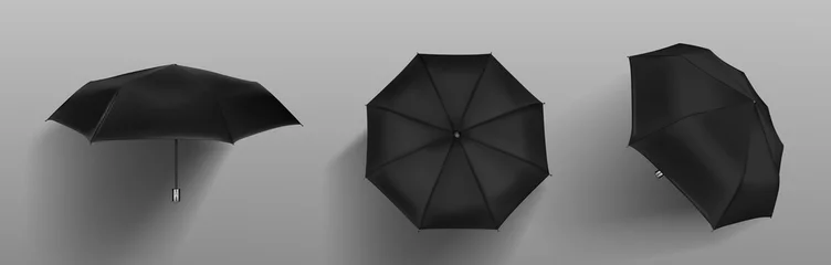Fotobehang Black automatic umbrella front, side and top view. Vector realistic mockup of blank parasol with metal handle, accessory for rain protection in spring, autumn or monsoon season © klyaksun