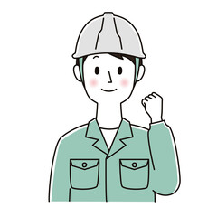 作業服を着た若い男性 ガッツポーズ