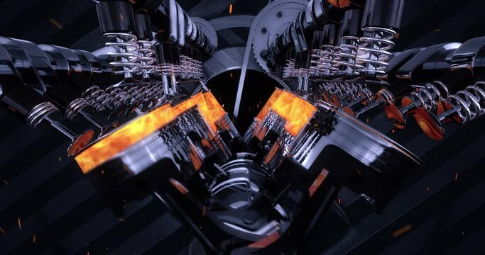 Powerful  Luxury Sport Car V8 Engine. Camera Zoom To Car Hood. Working V8 Engine Producing Huge Amount Of Power. CG Animation