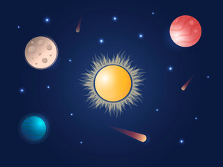 Cosmic vector illustration with fantasy universe planets. Space background for poster, banner, web