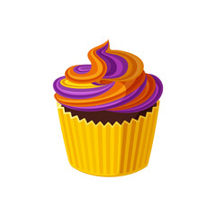 Halloween cupcake with swirled icing. Muffin with purple and orange frosting for Halloween party. Vector illustration in cute cartoon style