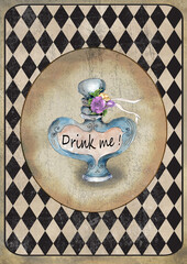 Alice in Wonderland watercolor  grunge icons A4 flash cards with diamond victorian background
