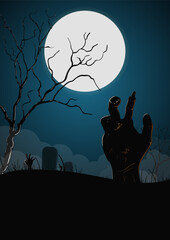 Vector illustration on the theme of Halloween. Illustration for web or print. Can be used as an invitation, flyer or greeting card. Contains a zombie hand, gravestone, moon, clouds.