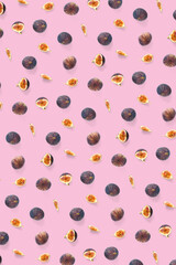 Background from Fresh figs. Food Photo. Creative set of the whole and sliced figs on a pink background, Modern fig fruits background.