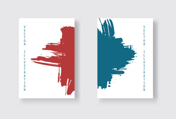 Blue and red abstract design set. Ink paint on brochure, Monochrome element isolated on white.