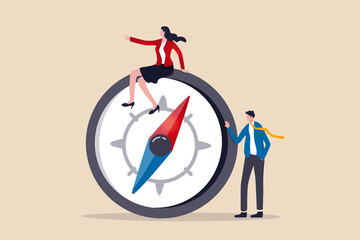 Women leadership, successful female lead business direction or lady visionary to achieve goals concept, confidence smart lady businesswoman team leader in formalwear sitting on compass leading the way © Nuthawut