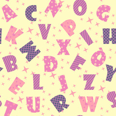 Seamless pattern from letters of the Latin alphabet. Capital letters of the Latin alphabet. Cute childish font on a pleasant pastel background.