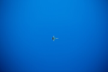 A military blue plane flies against the background of a clear blue sky.