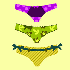 A set of fashionable women's underwear, a set of underwear. Vector drawing of panties and bras. A colorful collection of women's underwear, sensuality, femininity.