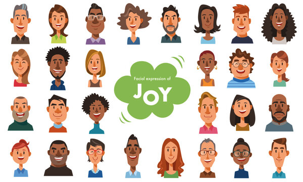 Facial expressions of joy. Smiling men and women. Set of diverse people on white background. Vector illustration in flat cartoon style.