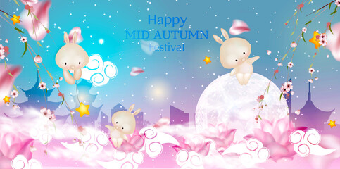 Happy Mid autumn festival. Rabbits on night background with beautiful full moon. Vector illustration