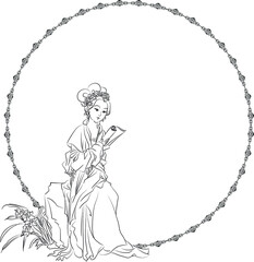 vector Ancient Chinese Lady Figure with circle border frame background