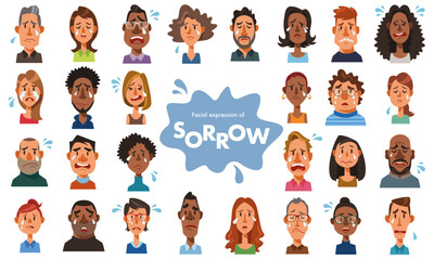 Facial expressions of sorrow. Crying men and women. Set of diverse people on white background. Vector illustration in flat cartoon style.