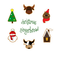 set of Christmas / New Year's gingerbread: bull, snowman, gingerbread house, bear cub, tree. red, green, brown, white.