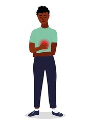 black african man feels a strong pain in the stomach. Stomach disease, ulcers, gastritis. Cartoon vector.