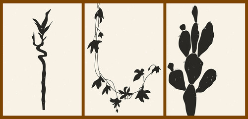 A set of three abstract minimalist aesthetic floral illustrations. Black silhouettes of plants on a light background. Modern monochrome vector posters for social media, web design in vintage style.