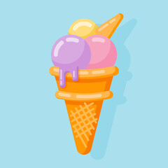 Ice cream cone isolated on blue background. Flat style vector illustration.
