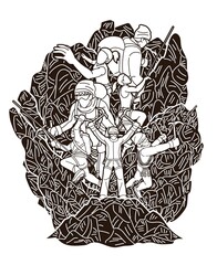 Group of people Hiker climbing mountain hiking cartoon graphic vector	