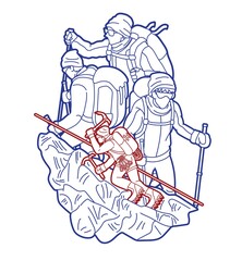 Group of people Hiker climbing mountain hiking cartoon graphic vector	