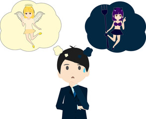 可愛い天使と悪魔に誘惑されて優柔不断になるビジネスマンのイラスト