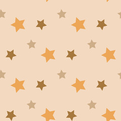 Seamless pattern with brown and orange stars on light beige background. Vector image.