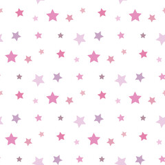Seamless pattern with pink and light lilac stars on white background. Vector image.