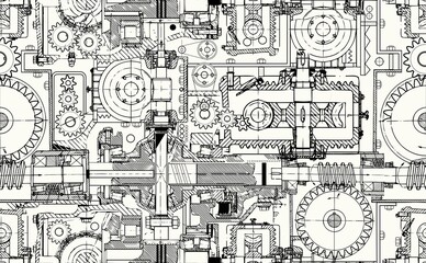 Seamless technical pattern, a background of worm gears and other gears combined into a fantastic machinery. Perfect for web pages, documents, wallpaper in the interior.