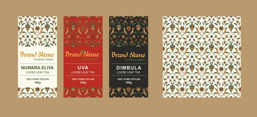 Template for creating packaging design for elite Ceylon, Indian tea in national style. Bonus - ethnic seamless pattern.