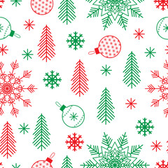 Christmas seamless pattern in the scandinavian style. Minimalistic christmas trees, christmas balls and snowflakes.
