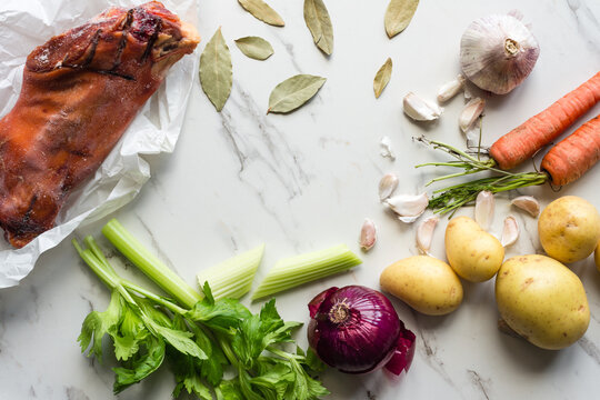 ingredient for vegetable and ham soup