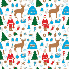 Christmas and new year seamless pattern, vector illustration, Santa Claus, reindeer, Christmas trees, snowflakes, Christmas toys, warm clothes, hand drawing, colored