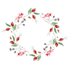 Hand painted watercolor wreath. Autumn leaves and flowers, rose hips. Can be used for floral poster, invitation. Background design for decorative cards or invitations.
