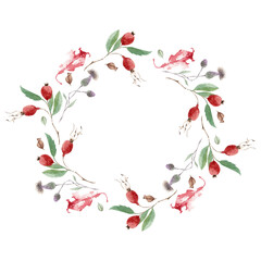 Hand painted watercolor wreath. Autumn leaves and flowers, rose hips. Can be used for floral poster, invitation. Background design for decorative cards or invitations.